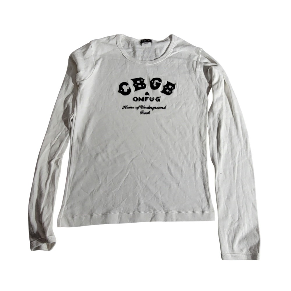 CBGB OMFUG Long Sleeve Graphic Tee White Rock Punk Band Shirt Small USA Made